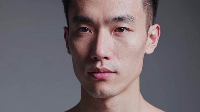 Serious young asian man looking directly at the camera. Dramatic studio lighting creating moving shadows across his handsome features