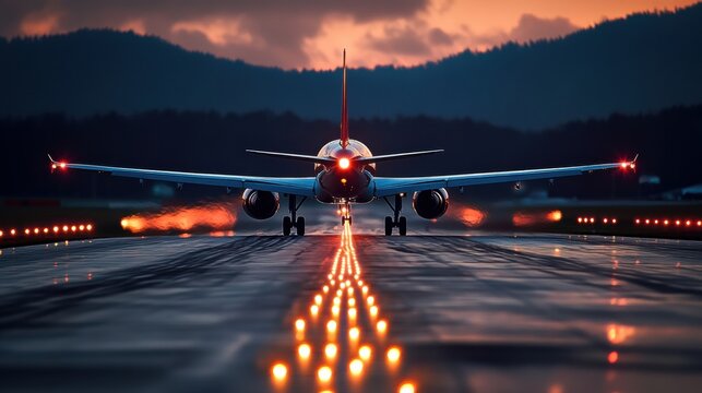Airplane taking off at dusk airport runway aviation photography urban landscape ground level flight experience