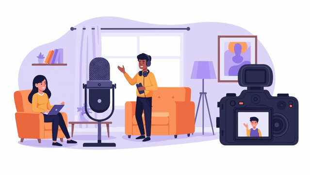 Two people recording audio and video in a cozy room with a camera