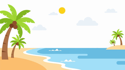 Fototapeta premium Sunny tropical beach with palm trees and calm ocean waves under a blue sky