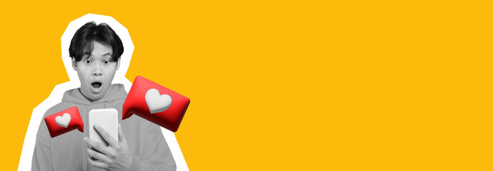 A person looks surprised while holding a smartphone. Red social media icons featuring hearts appear around them. The background is a bright yellow color showing excitement and engagement.