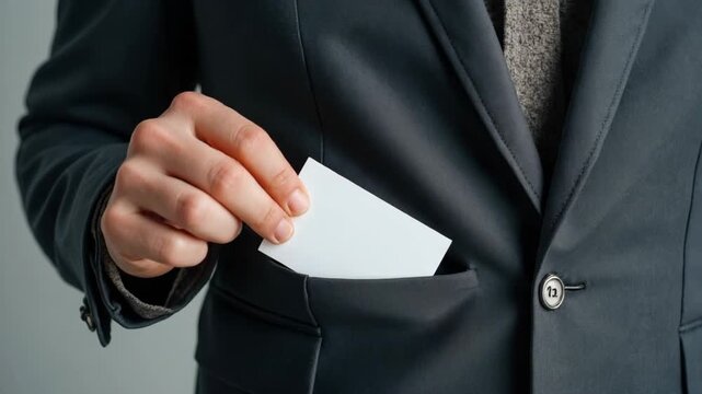 Man taking blank business card from pocket of his jacket on grey background, closeup. Mockup for design.