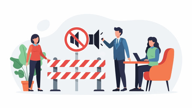 Office workers observe a no-sound zone with barrier and plants