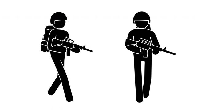 Stickman Soldier Walking With Rifle Military Patrol Seamless Loop Animation with alpha channel