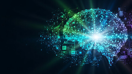 Obraz premium Artificial intelligence concept showing a neon digital brain surrounded by abstract futuristic elements and data streams representing computation and deep learning
