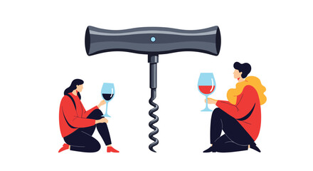 Obraz premium Man and woman sitting with glasses of wine next to a giant corkscrew bottle opener in a conceptual illustration of drinking.