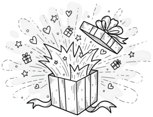 Valentine Black and white sketch of an open gift box exploding with confetti and stars
