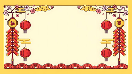 Festive Chinese New Year Floral Frame with Red Lanterns