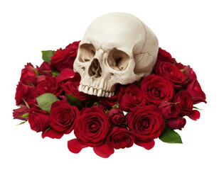 Human Skull On Red Rose Bed showing contrast between life death beauty decay gothic halloween horror art concept spooky skeleton bone head structure with fresh floral bloom decoration.