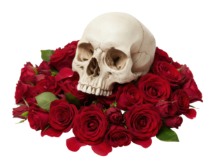 Human Skull On Red Rose Bed showing contrast between life death beauty decay gothic halloween horror art concept spooky skeleton bone head structure with fresh floral bloom decoration.
