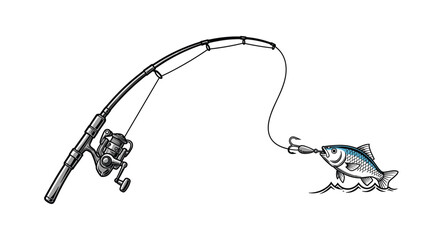 Fototapeta premium Detailed illustration of a fishing rod with a reel catching a small fish represents leisure sport, hobby, and outdoor activity.