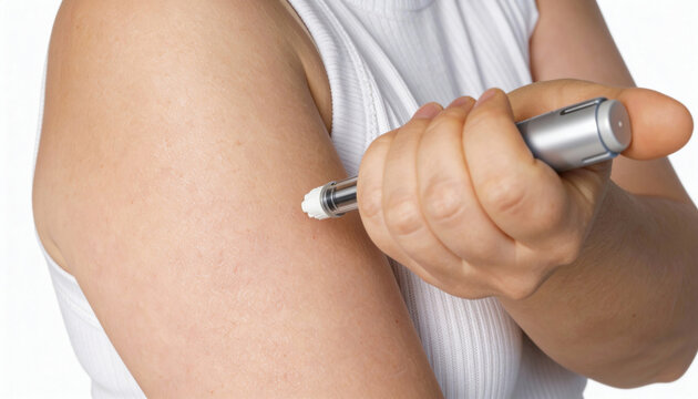 Woman injecting semaglutide or  insulin pen into upper arm for diabetes self care routine at home
