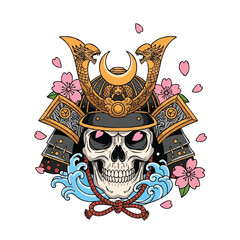 A stylized illustration of a skull wearing a traditional Japanese samurai helmet with cherry blossoms and waves on a white background, incorporating Japanese tattoo art elements.