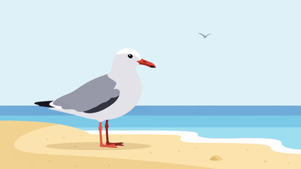 Fototapeta premium Seagull stands on a sandy beach by the ocean under a clear sky