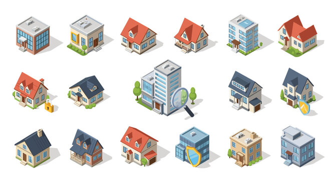 Large isometric set of various house types and commercial buildings including offices, residences, and security protected structures.