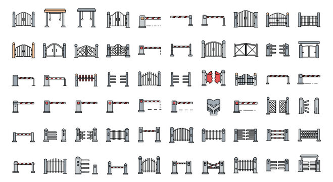 Large collection of diverse gate and automatic barrier icons used for residential security, parking access control, and industrial entrances.