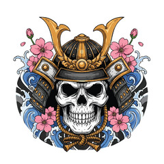 A colorful illustration of a skull wearing a samurai helmet surrounded by cherry blossoms and waves on a white background with a mix of Japanese tattoo art elements.