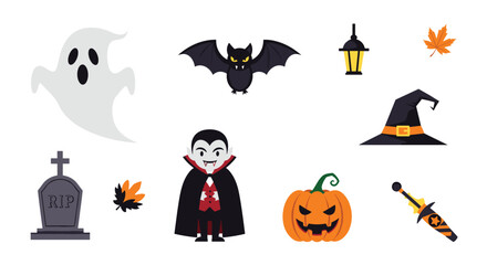Obraz premium Fun collection of Halloween characters and festive objects featuring a vampire, ghost, bat, carved pumpkin, witch hat, and tombstone on white.