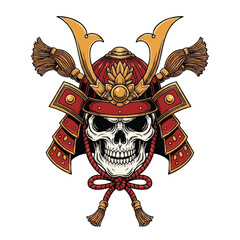 A stylized illustration of a skull wearing a traditional Japanese samurai helmet with red and gold armor on a white background, combining Japanese tattoo art elements.