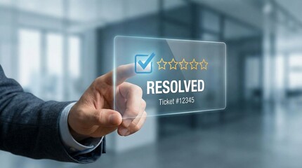 A hand holding a virtual resolved ticket on transparent background for the concept of customer support success