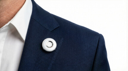 Man wearing circular ai wearable device on navy suit lapel for discreet tracking