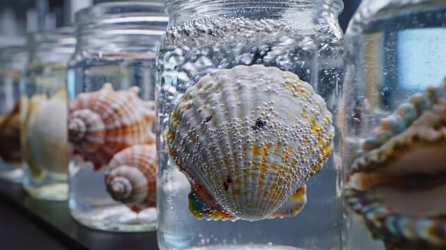 Ocean Acidification Research concept. Jars containing seashells submerged in clear liquid on a laboratory table.