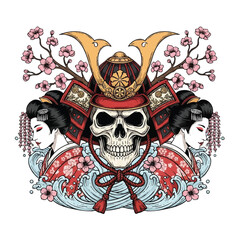 Illustration of a stylized samurai helmet with a skull and geisha faces surrounded by cherry blossoms on a white background with a mix of Japanese tattoo art elements.