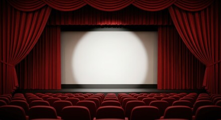 Obraz premium Empty theater stage with red velvet curtain and spotlight on a blank screen. Cinema or grand opening concept for presentation