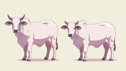 Fototapeta premium Two light pink cows with horns and humps stand against a cream background