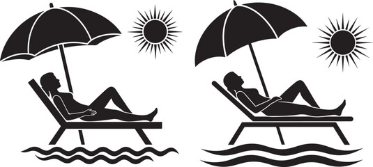 Two silhouette person sunbathing in beach chair