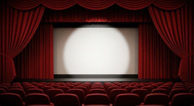 Empty theater stage with red velvet curtain and spotlight on a blank screen. Cinema or grand opening concept for presentation