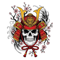 A stylized illustration of a skull wearing a traditional Japanese samurai helmet with cherry blossoms and a red cord, showcasing Japanese tattoo art with bold lines and vibrant colors.