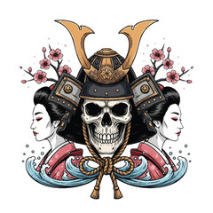 Illustration of a Japanese tattoo art design featuring a skull wearing a samurai helmet with cherry blossoms and two geisha heads in a traditional style against a white background.