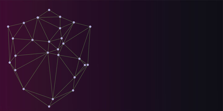 Abstract digital shield or geometric shape made of connected glowing dots and lines on a dark gradient background, representing technology and security concept