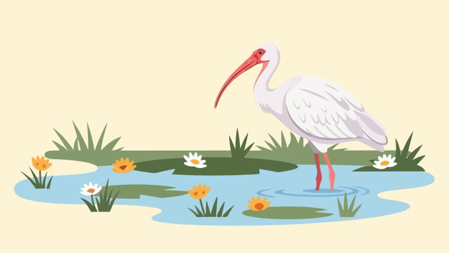 White ibis stands in shallow water surrounded by lily pads and flowers