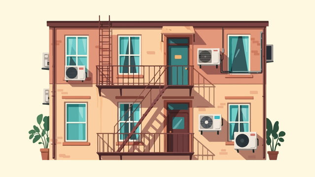 Pixel art of a brick building with fire escapes and air conditioners