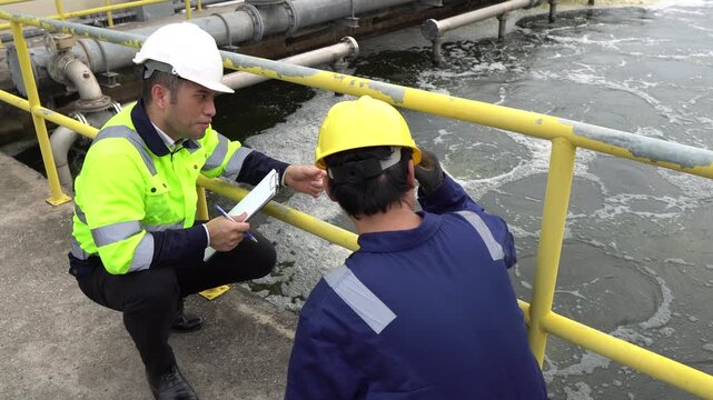 Two Asian engineers discussing maintenance at wastewater treatment plant. They check water quality and pipeline system outdoors. Industrial ecology and environmental management concept.