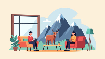 Obraz premium Two people work on laptops in cozy room with deer and mountains view