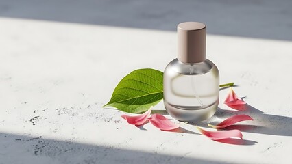 Elegant glass perfume bottle with natural elements like leaf and petals