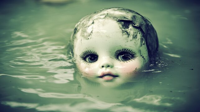 A porcelain doll face with large eyes floats eerily in murky water creating a disturbing and haunted atmosphere