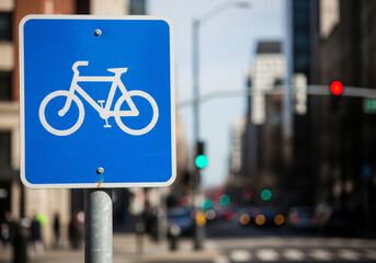 Bicycle Lane Sign on Urban Street with Blurred City Background