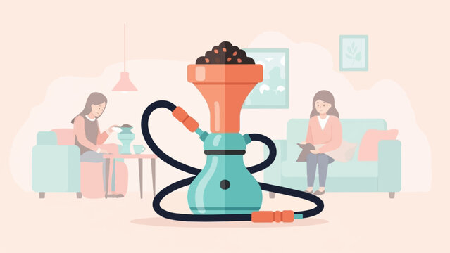 Two women relax in a room with a large hookah and a coffee-making setup