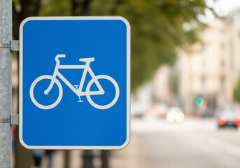Bicycle Lane Sign on Urban Street with Blurred City Background