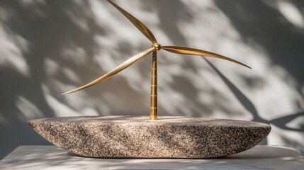 A polished brass miniature wind turbine sculpture rests on a textured stone base with dappled light and shadows on the background