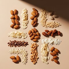Assorted almonds different preparations displayed flat lay including whole sliced slivered chopped and caramelized nuts