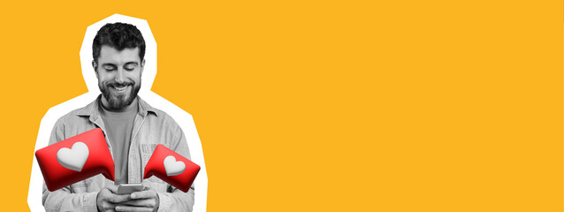 Man enjoys using his smartphone while looking at heart icons that represent likes or messages. The setting has a bright yellow background that adds energy to the scene.