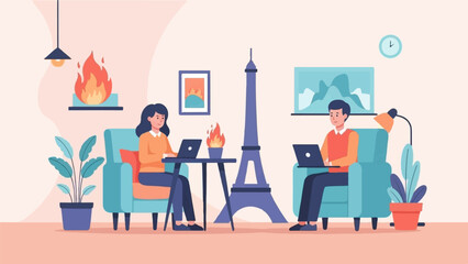 Two people working on laptops in a cozy room with a Eiffel Tower replica