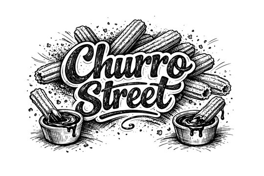 Churro Street logo design with churros dipped in chocolate sauce, hand-drawn style
