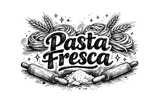 Hand-drawn "Pasta Fresca" logo with wheat, spaghetti nests, and rolling pins