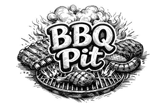 BBQ Pit illustration with grilled meats and smoky atmosphere, hand-drawn style